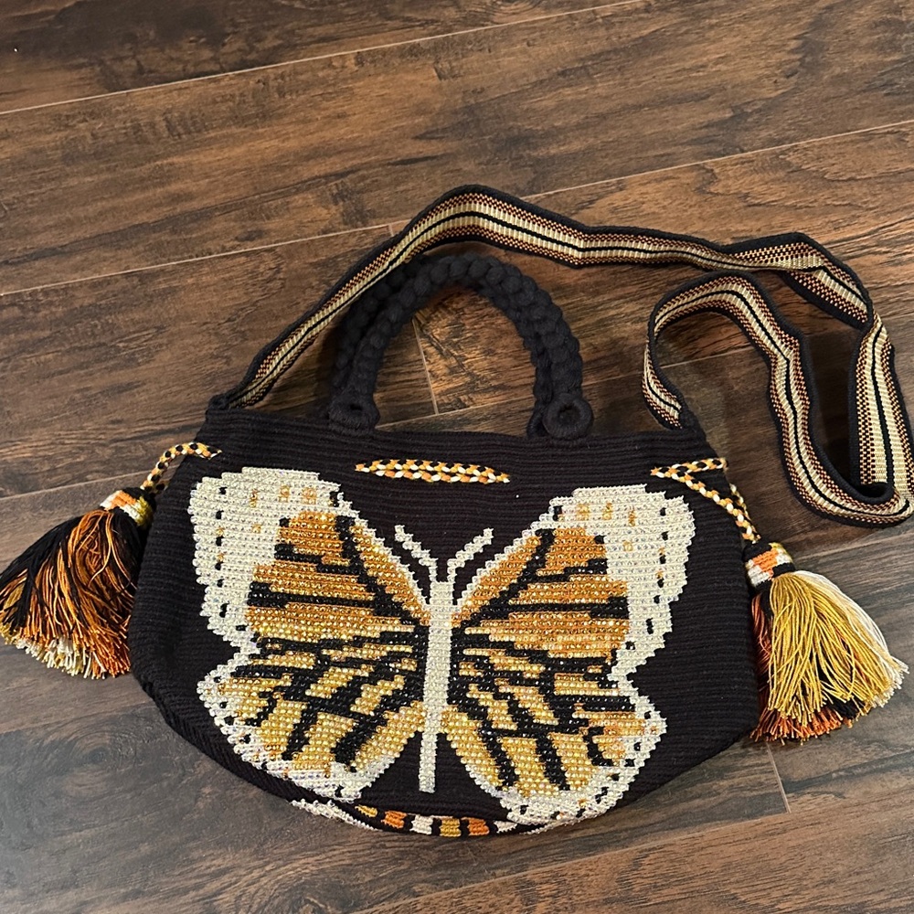Handcrafted Butterfly Design Black and Gold Tote Bag